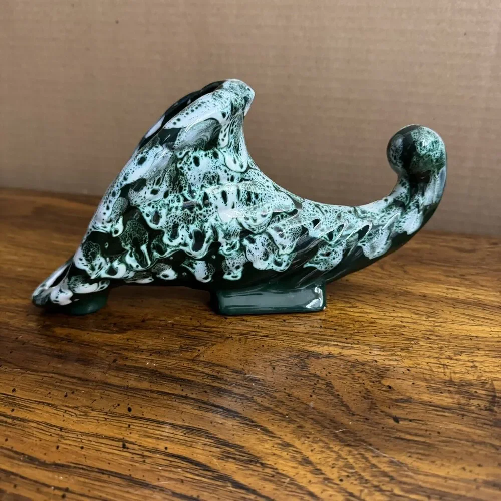Italian M.N.Co Art Pottery Cornucopia Vase Planter MCM Glaze‎ Italy Vtg Green